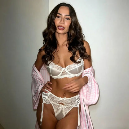 French Elegant Lace Womens Lingerie Sets Gorgeous Satin Patchwork Bra 5PC Pure White Wedding Soft Intimate Sexy Girls' Underwear