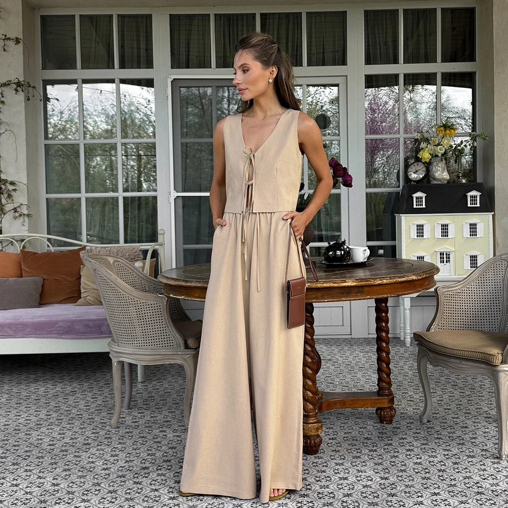 Blubelle Women's Two-piece Outfit 2026 New Design with Lace Up Sleeveless Vest and Wide Leg Pants Summer Matching Set