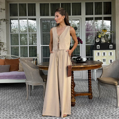 Blubelle Women's Two-piece Outfit 2026 New Design with Lace Up Sleeveless Vest and Wide Leg Pants Summer Matching Set