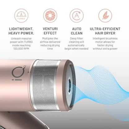 Hair dryer for professional use, rose gold aluminum alloy, intelligent turbo motor 120000 RPM with Oxy Active Technology and au