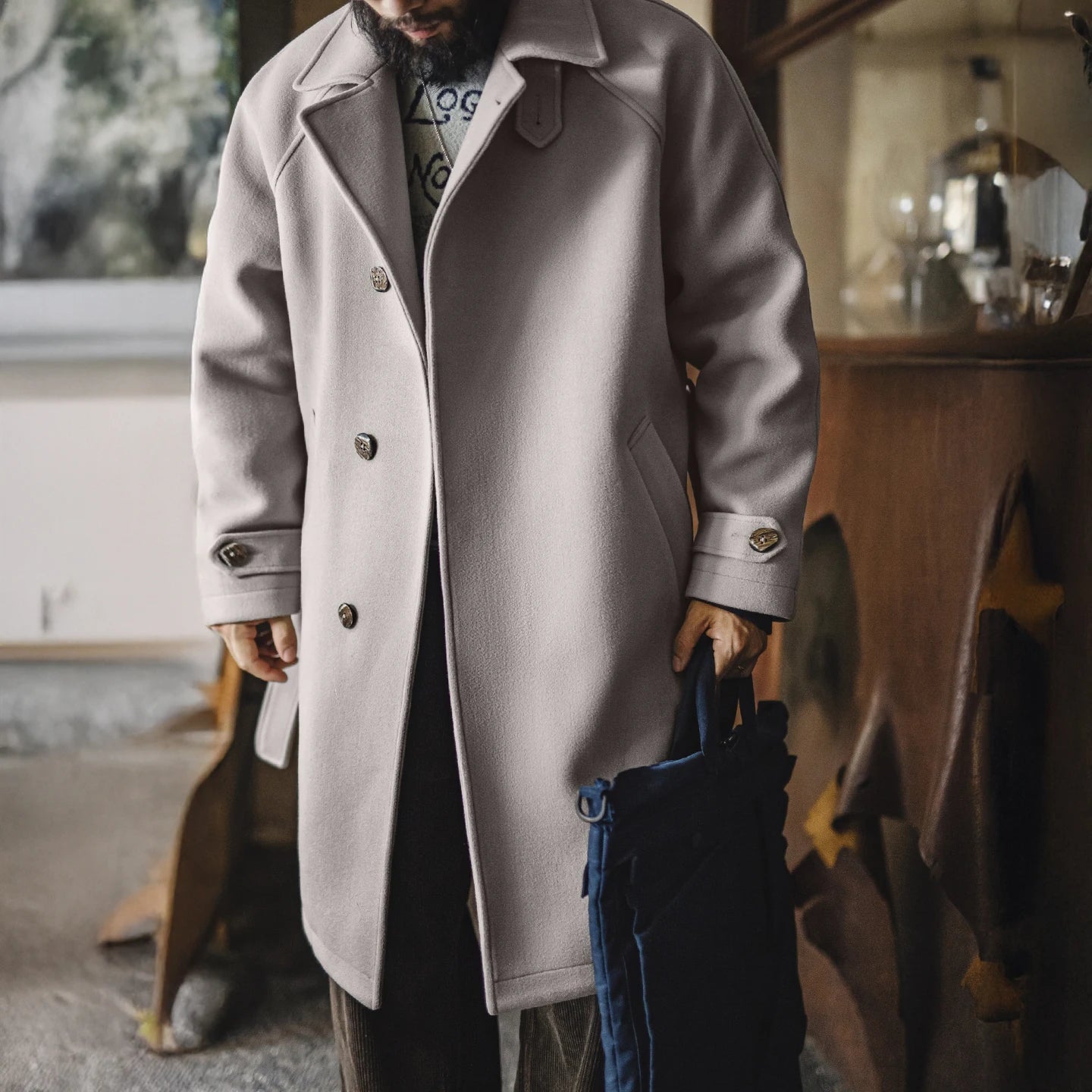 Maden Vintage Grey Balmacaan Jacket Men's German-Style Windproof Overcoat Mid-Length Warm Trench Coat for Fall Winter Commute