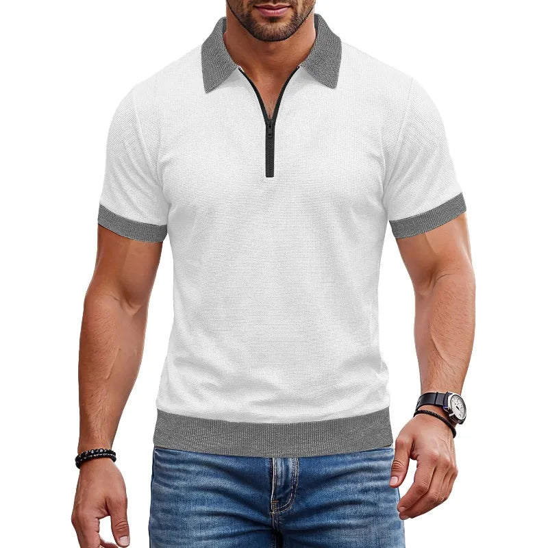 Men's Zip Polo Shirt Short Sleeve Contrast Trim Textured Casual Top 2026