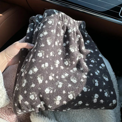 Thickened Floral Print Coral Fleece Warm Pants Straight Leg Winter Home Wear Sleepwear Outdoor Walking Pants Unisex