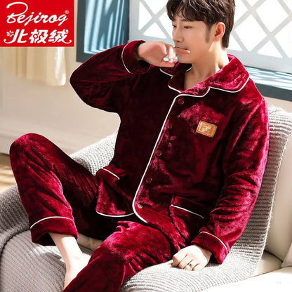 Pajama Sets Flannel Pajamas Men's Winter Thickening Warm Suit Long-sleeved Loose Home Clothes Autumn Cardigan