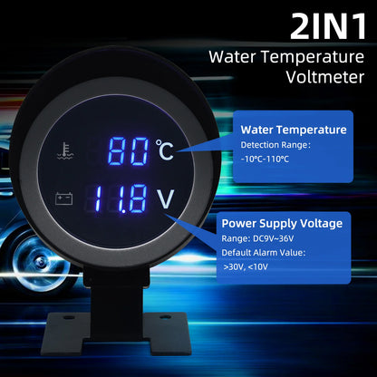 2 IN 1 Water Temperature Gauge Digital Led Voltmeter Water Temp Joint Pipe Sensor Car Truck Motorcycle Car Temperature Sensor