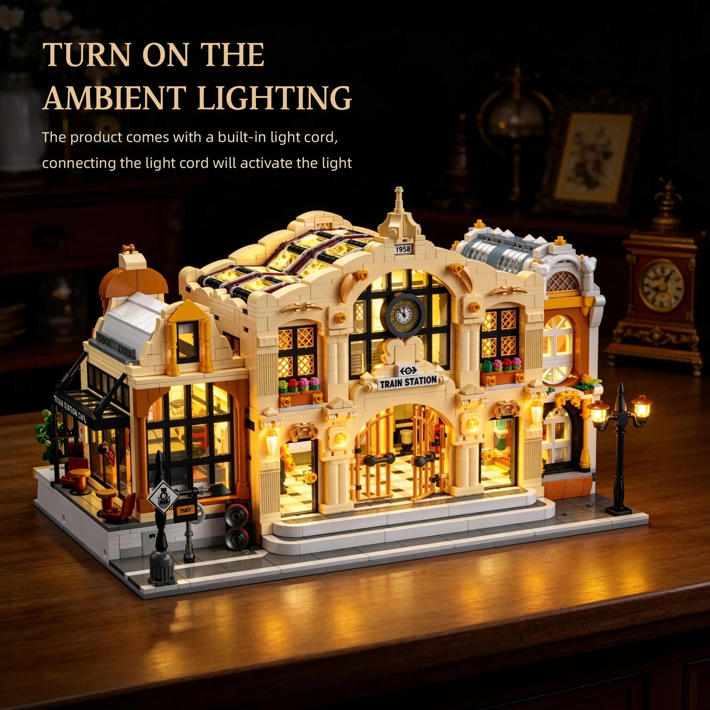 Miniature Train Station Building Blocks MOC DIY LED Light Model Desktop Home Decor Architectural Gift for Adults Kids