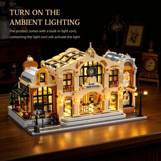 Miniature Train Station Building Blocks MOC DIY LED Light Model Desktop Home Decor Architectural Gift for Adults Kids