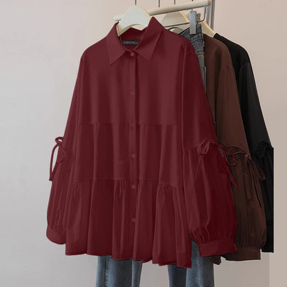 2025 Autumn Blouse ZANZEA Office Women Shirt Spring Elegant Lapel Neck Long Sleeve Tops Solid Button Up Blusas Lace-Up Chemise