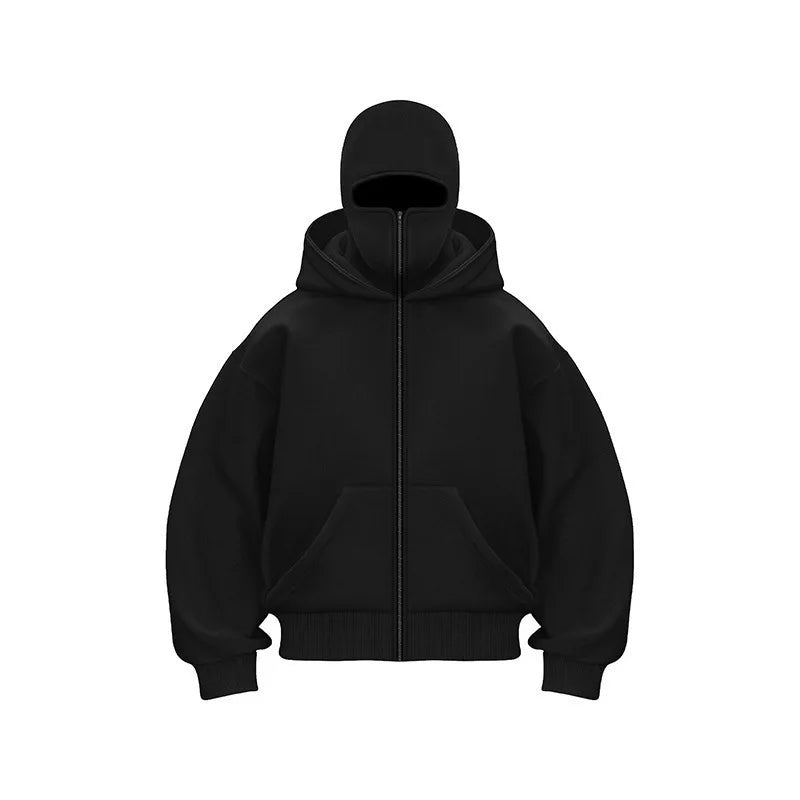 Unisex Double Hooded Fleece Sweatshirt Men Balaclava Hoodie Half Zip Warm Outfit Fall Winter Men Clothing Double Layered Hoodie