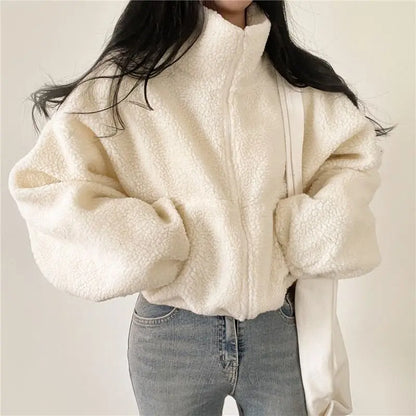 Korean Style Short Zipper Hoodie Women's Loose Fit Lamb Fur Vest Autumn Winter Streetwear Casual Long Sleeve Stand Collar Coat