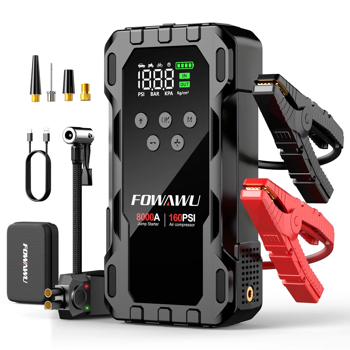 FOWAWU 8000A Jump Starter with Air Compressor, Car Battery Jumper Starter Power Bank,Cordless Auto-Shutoff Tire Inflator 160PSI