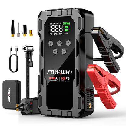 FOWAWU 8000A Jump Starter with Air Compressor, Car Battery Jumper Starter Power Bank,Cordless Auto-Shutoff Tire Inflator 160PSI