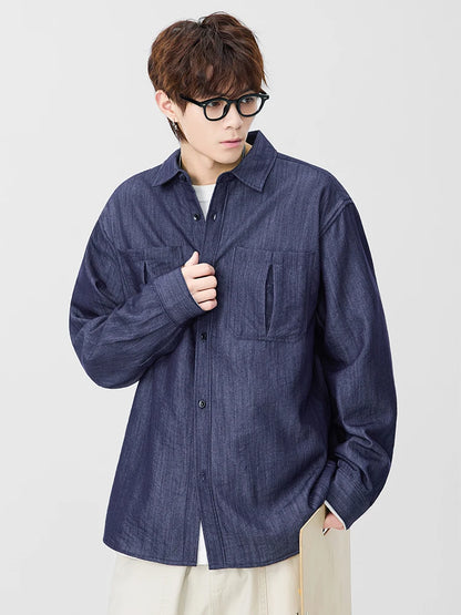 Men's Denim Shirts with 2 Chest Pockets Korean Fashion Long Sleeve Casual Shirt Workwear Retro Tops