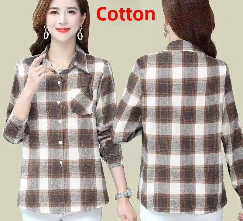 Loose Long Sleeve Mom Shirt Women's New Style Slimming Age-Defying Outerwear Versatile Early Autumn Plaid Outfit  Collar