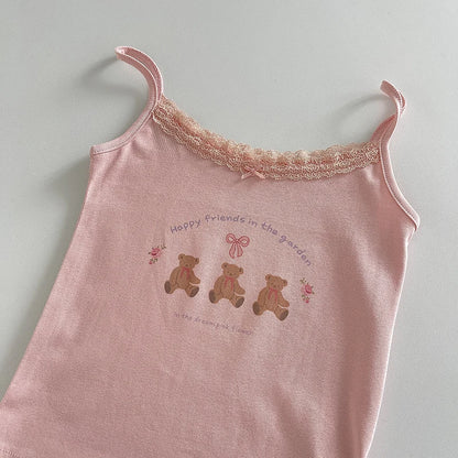 Cute Cartoon Lace Trim Tank Tops Women Summer New Slim Cotton Sleeveless Vests Vintage Sweet Preppy Style Camisole Y2K Clothes