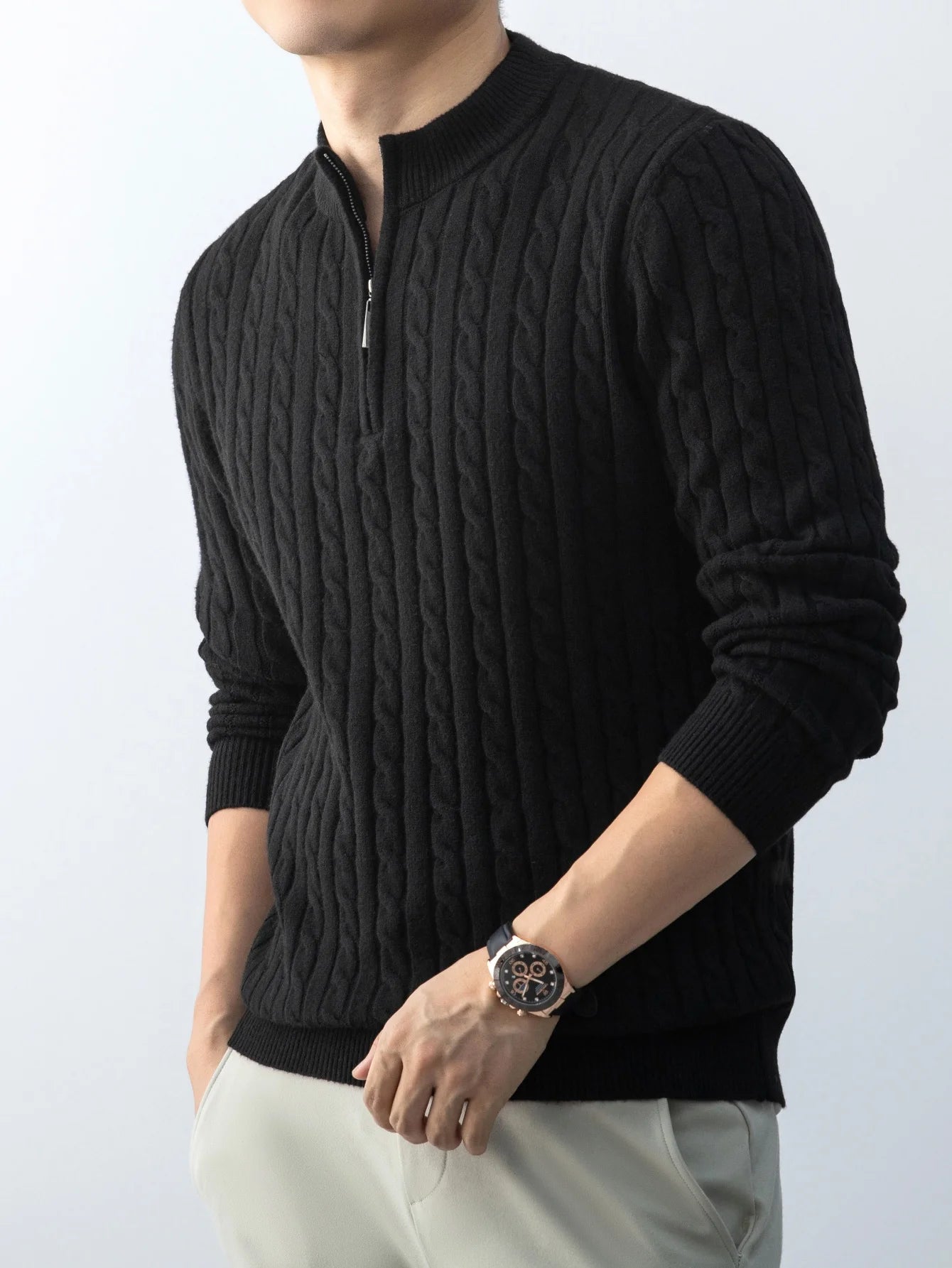 Autumn Winter For Men's Twisted Sweater Wool Knitted  Half Open Zipper Half High School Round Neck Stand-up Collar Thickened Top
