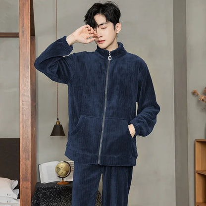 Can Wear Pajamas Men Autumn Winter Flannel Thick Stand Collar Zipper Coral Velvet Pajamas Pajama Pants  Set Men's Home Wear
