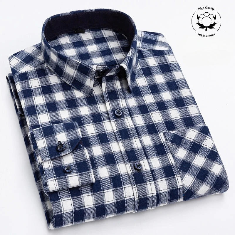 Autumn Winter Plaid Shirts Thick Flannel Shirt Standard-Fit for Men Long Sleeve Pure Cotton  Patch Pocket Design Young