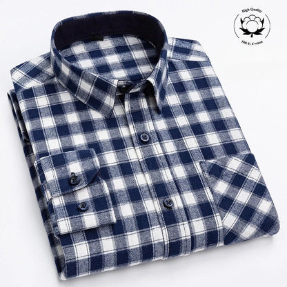 Autumn Winter Plaid Shirts Thick Flannel Shirt Standard-Fit for Men Long Sleeve Pure Cotton  Patch Pocket Design Young