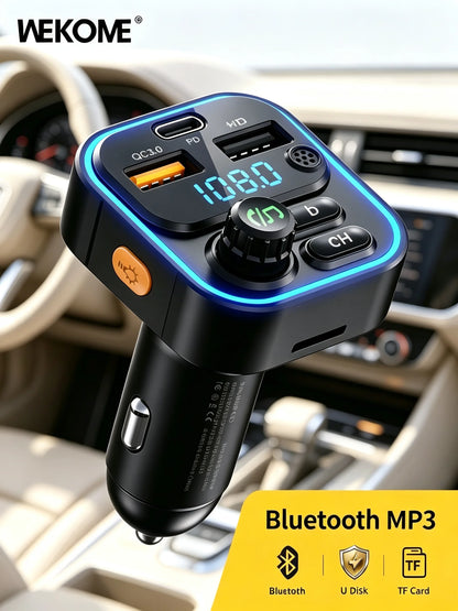 WEKOME Dual USB Fast Charging 7 Color LED Atmosphere Light Bluetooth Hands Free Car FM Transmitter with U Disk TF Card Playback