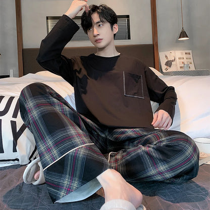 Soft Cotton Pajamas Autumn Men's Plaid Sleepwear Big Yards L-4XL Pajama Sets Casual Sleep&Lounge Pyjamas Pijamas Hombre