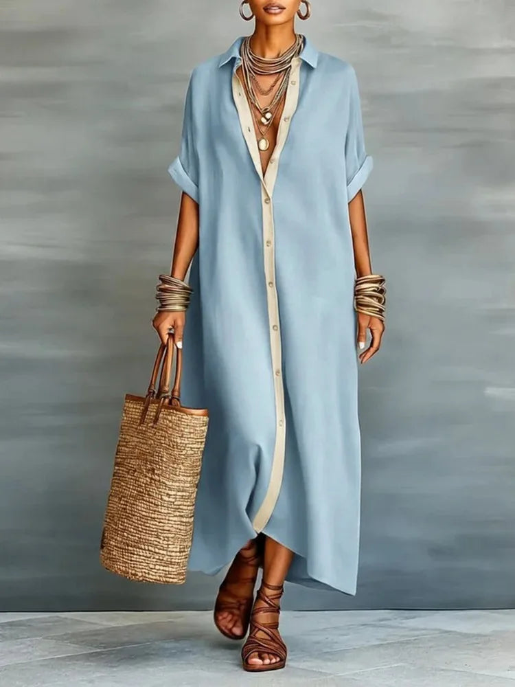 UOOZEE Women's Contrast Trim Minimalist Shirt Dress 2026 New Half Sleeves Loose Buttoned Casual Going Out Vacation Maxi Dresses