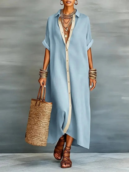 UOOZEE Women's Contrast Trim Minimalist Shirt Dress 2026 New Half Sleeves Loose Buttoned Casual Going Out Vacation Maxi Dresses