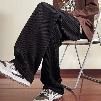 Men's Winter Thickened Fleece Lined Corduroy Wide Leg Sporty Casual Pants Loose Fit Straight Leg Long Trousers Fashionable Yo...