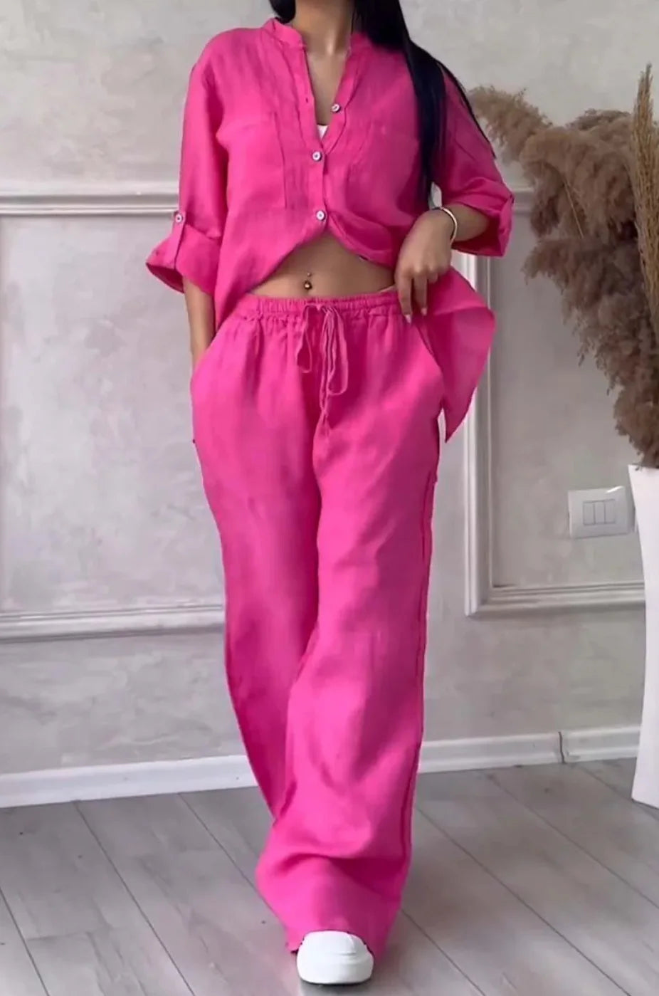 Women's  Color Long Sleeve Shirt And Wide Leg Pants Two-Piece Set Button-Up Tie Waist Long Pants Fashionable Ensemble