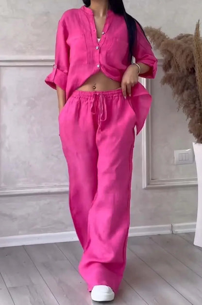 Women's  Color Long Sleeve Shirt And Wide Leg Pants Two-Piece Set Button-Up Tie Waist Long Pants Fashionable Ensemble