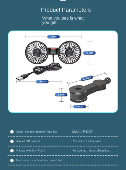 3-speed Car Seat Back Cooling Fan USB Charge Dual Head Fan 360 Degree Rotation Neck Cooler for Summer Car Accessories