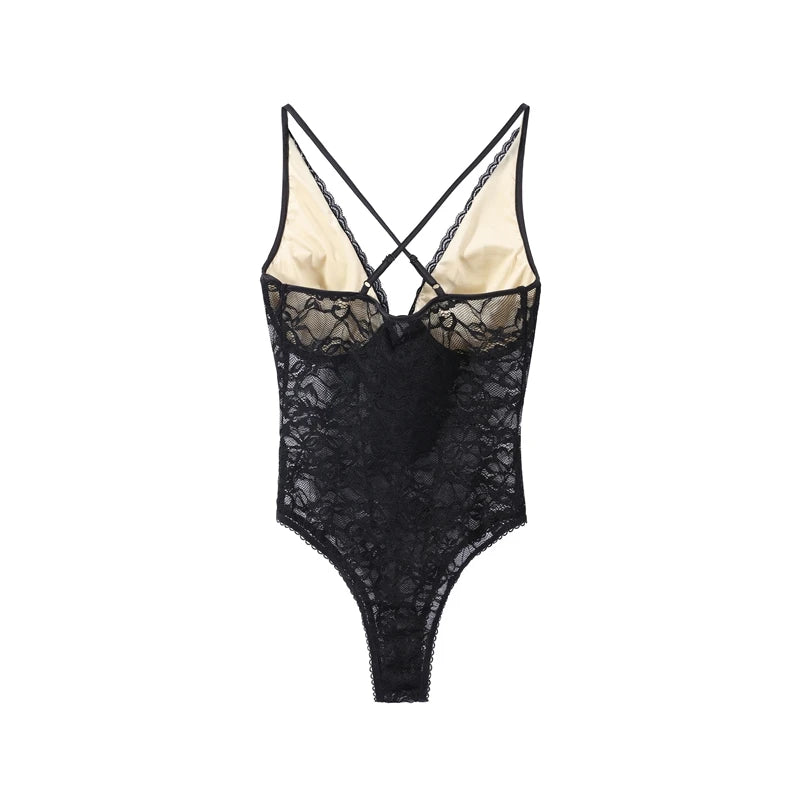 Sexy Women's Bodysuit Halter Lace Deep V-neck Sleeveless   Slim Female Bodysuits 2026 Summer New Fashion Party Chic Lady Top