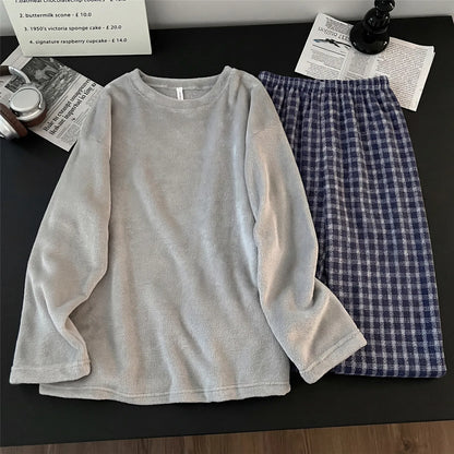 Men's Coral Fleece Pajamas Thickened Flannel Home Clothes Set Casual Loose Fit Autumn Winter Warm Sleepwear round Neck Sweats...