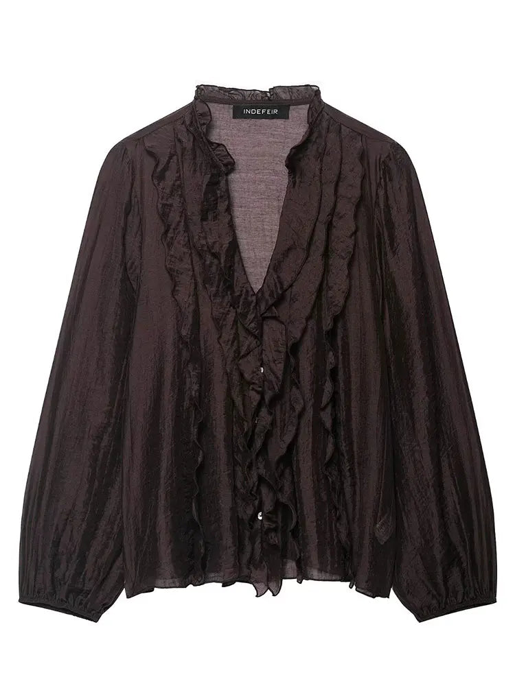 HH Women Elegant Fashion Polka Dot Ruffled Blouse V Neck Long Sleeve Shirt Summer Translucent Thin Tops High Street Chic Shirts