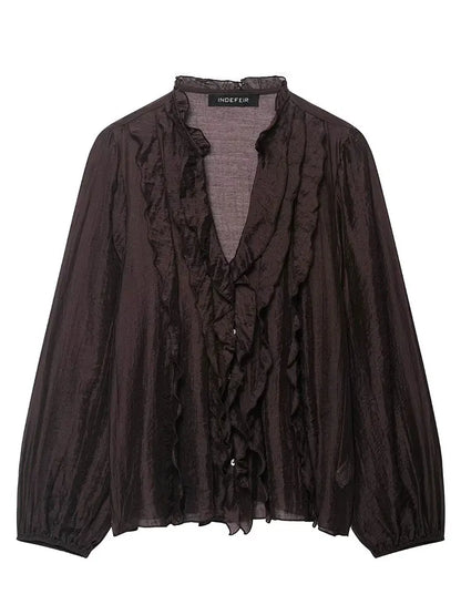 HH Women Elegant Fashion Polka Dot Ruffled Blouse V Neck Long Sleeve Shirt Summer Translucent Thin Tops High Street Chic Shirts