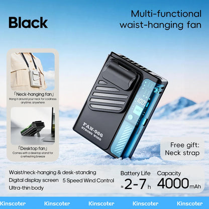 New Outdoor Hanging Waist Fan 4000mAh USB Multi-functional Mini Cooling Fan 5 Speed Digital Display Portable Rechargeable Fan