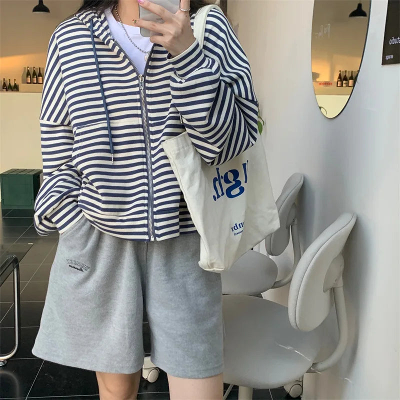 Trendy Striped Lazy Style Long Sleeve Sweatshirt Coat Autumn New Loose Mid-Length Open Cardigan Top Women's Fashion Outerwear