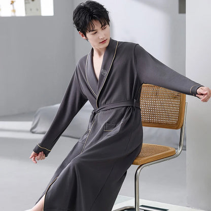 Spring Autumn Bathrobe Men 100% Cotton sleep top Kimono Robes For Male Solid Robes Long Bath Robe Bridegroom Robe Dressing Gown