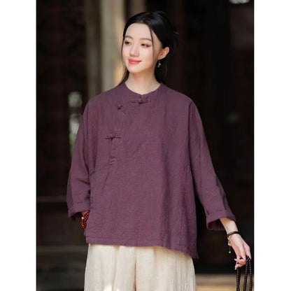 plus Size Women's Cotton Linen Shirt Spring Autumn New Style Zen Clothing Stand Collar Button up Outerwear Fashionable Commut...