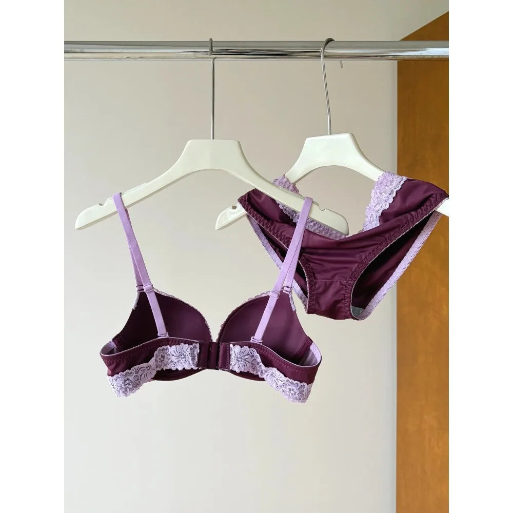 Sexy Purple Lace Lingerie Set for Women Push Up Bra No Underwire Small Bust Fit gathering Cups Lift Petite Cute Panties YUQI