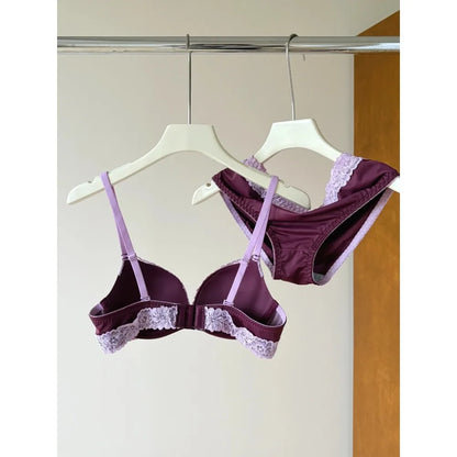 Sexy Purple Lace Lingerie Set for Women Push Up Bra No Underwire Small Bust Fit gathering Cups Lift Petite Cute Panties YUQI
