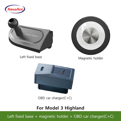 NovaAcc Magnetic Wireless Charging Mount For Tesla Model Y Juniper Model 3 Highland 2024-2026 Left Right Rudder Car Phone Holder