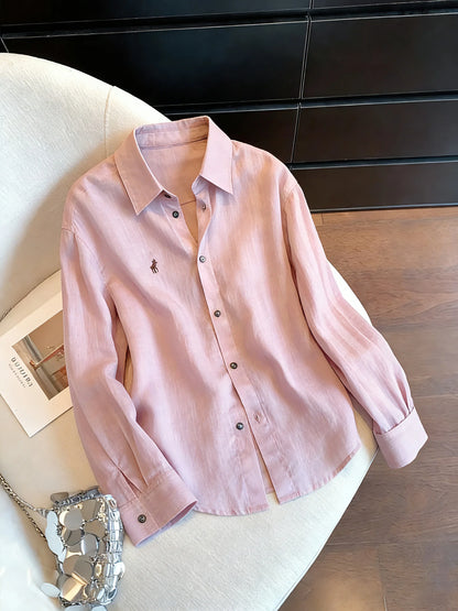 Ladies' Soft Wind Purple Embroidered Loose Fit Thin Shirt Stand Collar Spring Autumn Lazy Style Versatile Comfortable Blouse