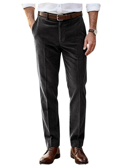 Men's Khaki Corduroy Pants Straight Leg Classic Fit Elastic Waist Comfort Wrinkle Resistant Formal Trousers For Business Office