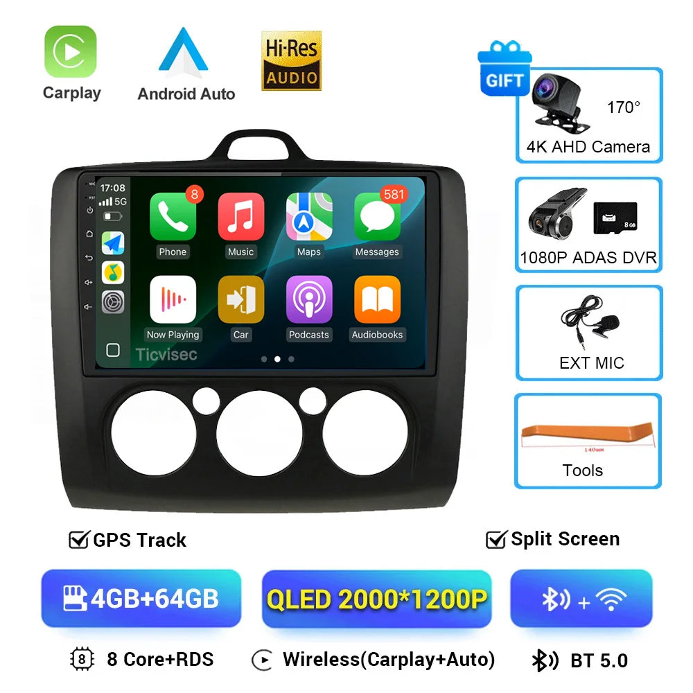 For ford focus 2 Mk2 2004-2008 2009 2010 2011 Android Auto GPS 2din autoradio GPS 2din DVR Android 16 Car Radio 4G+WIFI Carplay