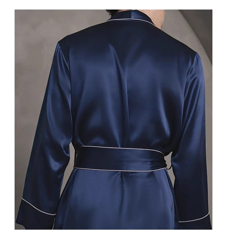 100% Natural Silk Men's Long Nightgown Navy Blue Casual Lounging Dress Comfortable Loose Size 5XL Weight 150KG Pajamas Cool