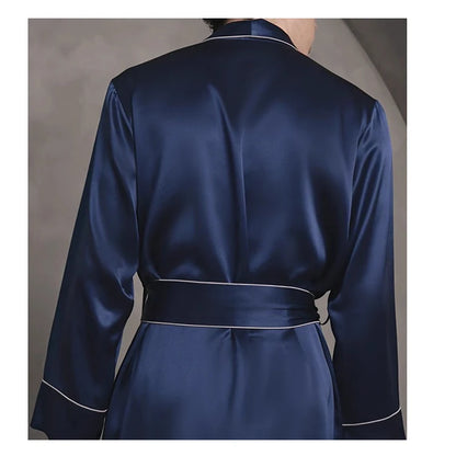 100% Natural Silk Men's Long Nightgown Navy Blue Casual Lounging Dress Comfortable Loose Size 5XL Weight 150KG Pajamas Cool
