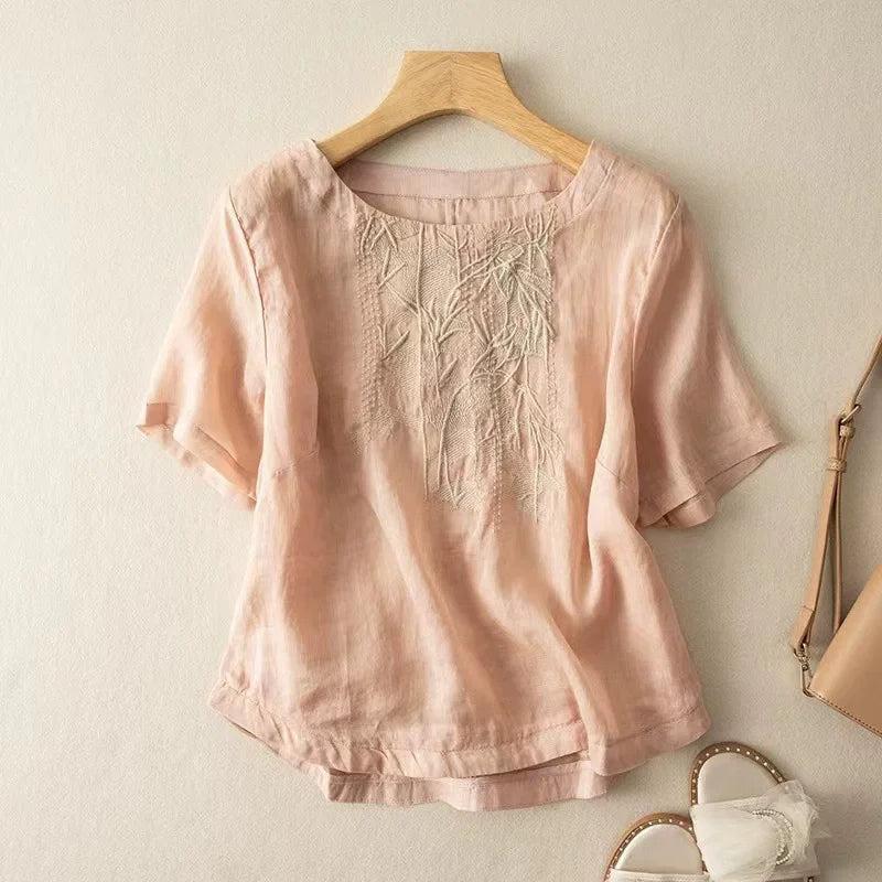 Fashion Thin Cotton Linen Y2k Tops Tee Women Clothing Summer Loose T Shirts Woman Embroidered T-shirt Blusa Casual Ladies tshirt