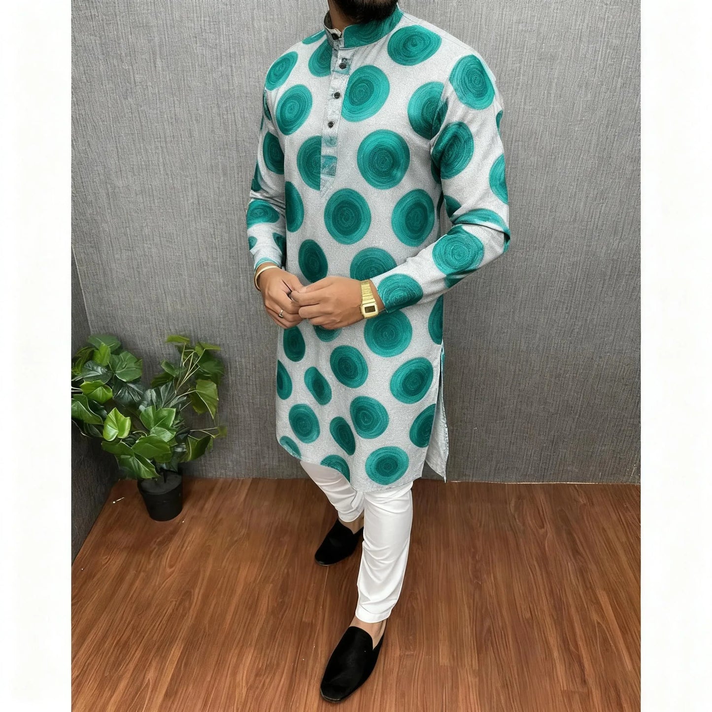 Men Islamic Arabic Abaya Robe Ethnic Print Stand Collar Youth Mid-length Shirt Luxury Coat Moslim Kleding Vestiti Musulmani Uomo