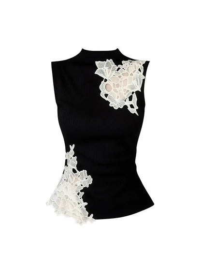 Black Lace Patchwork Sleeveless Tank Top Women Spring Summer Design Slim Hollow-out Y2k Top Sexy T-shirt Cute Tops New